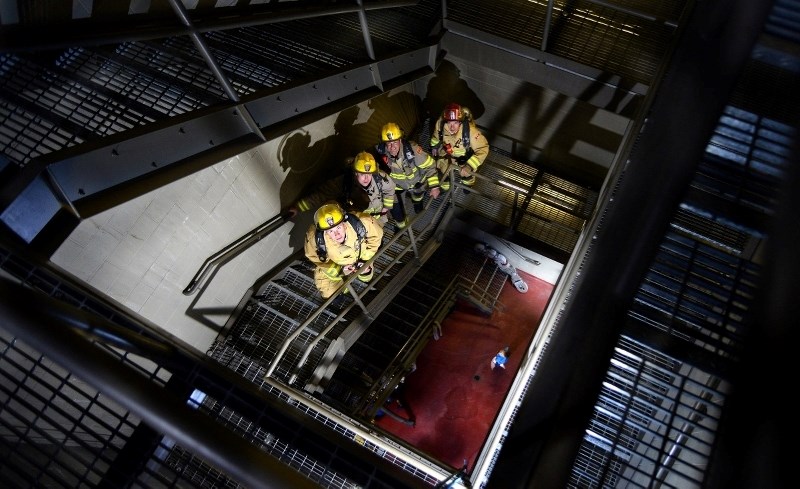 Cochrane firefighters climbed the BOW building stairs in Calgary last year to raise money for Wellspring Calgary to support people with cancer and their families. They are at 