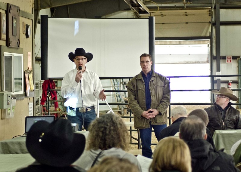 Interim Cochrane &#038; District Agricultural Society (CDAS) president Justin Burwash (left) answers questions with Tim Carson, executive director of the Alberta Association