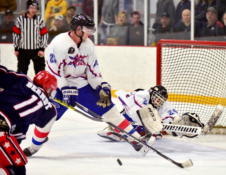Gens forward Brett Berndt (11) goes for a goal during his team&#8217;s 5-4 loss to the Mountainview Colts on March 22 in Game 5 of the HJHL Championship series at Spray Lake