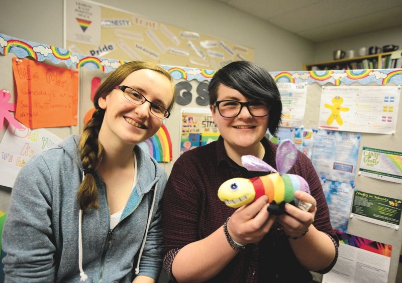 Rosie Costen, left, and Maddi Downs, members of the Gay-Straight Alliance at Cochrane High School on April 26.