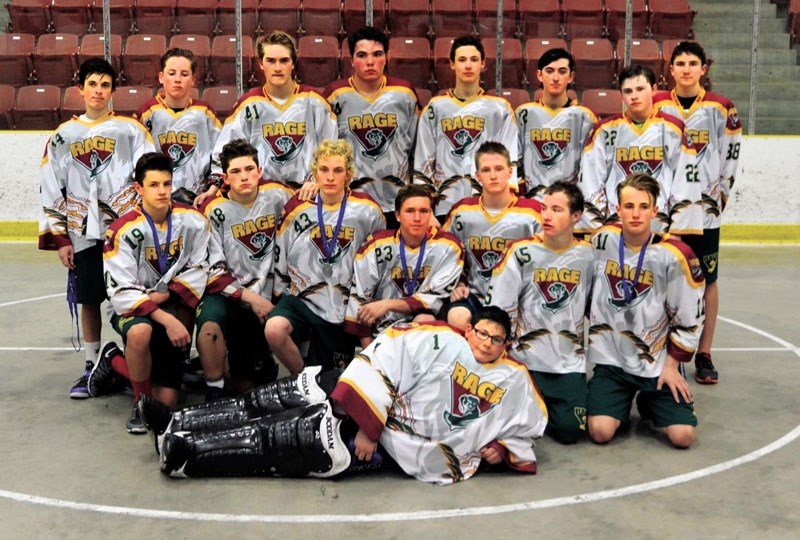 The Rockyview Rage posing with their silver medals from the Icebreaker tournament.