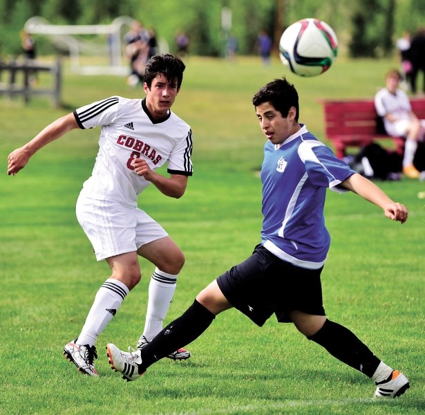Thomas Robitaille of the Cobras soccer club drives a shot on net on May 17 against Brooks as the Cobras lost 5-2 in the friendly match.