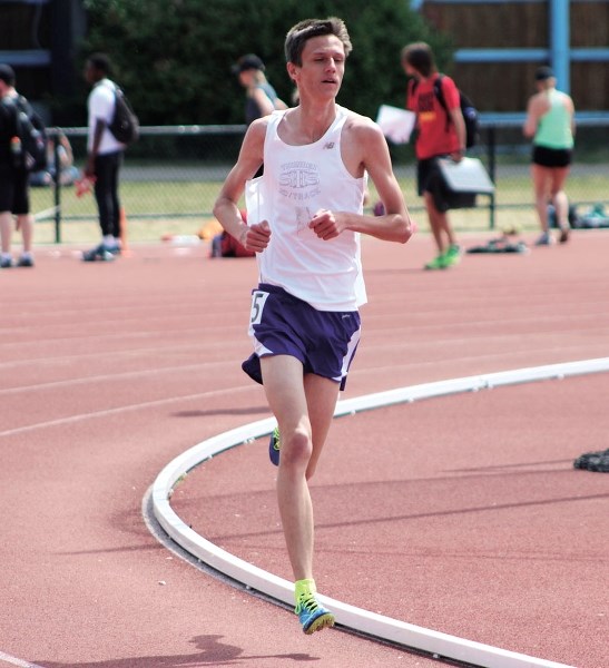 St. Timothy Thunder long distance runner Alex Howells during the Calgary Senior High School Athletic Association&#8217;s Divisional qualifying meet on May 18 at Foothills