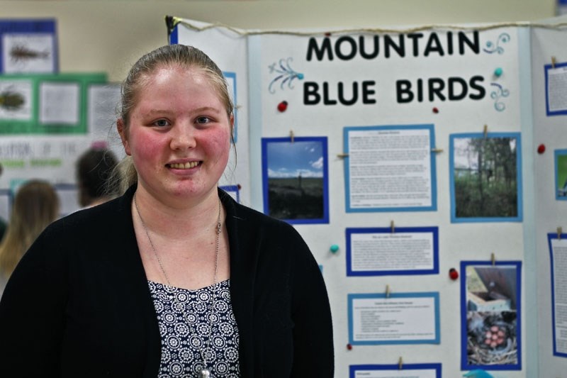 Jessica Tinholt stands by her display about Bluebirds.