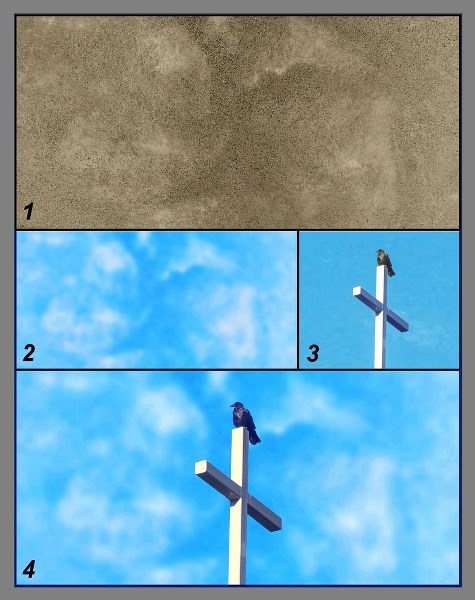 Imagination transforms blotchy concrete floor into altocumulus clouds on a lazy summer afternoon, a perfect setting for a crow atop the cross at St. Mary&#8217;s Church,