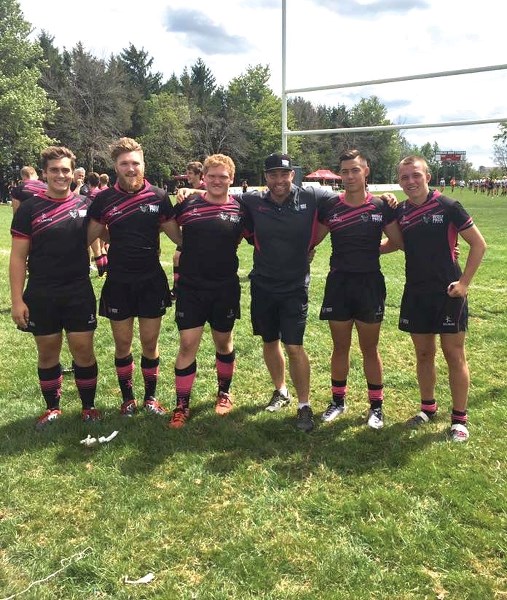 Left to right: Craig de la Mare, Brennan Bourchier, Brandon Mangold, Tyler Hawes, Austin Dixon and Rylen Waugh pose after their under-18 Wolfpack side lost 17-16 to Ontario
