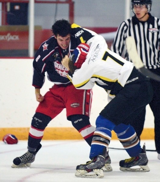 Ty Milligan fights for a spot on the Cochrane Generals team on Sept. 10 during his team&#8217;s 7-1 win over the Strathmore Wheatland Kings.
