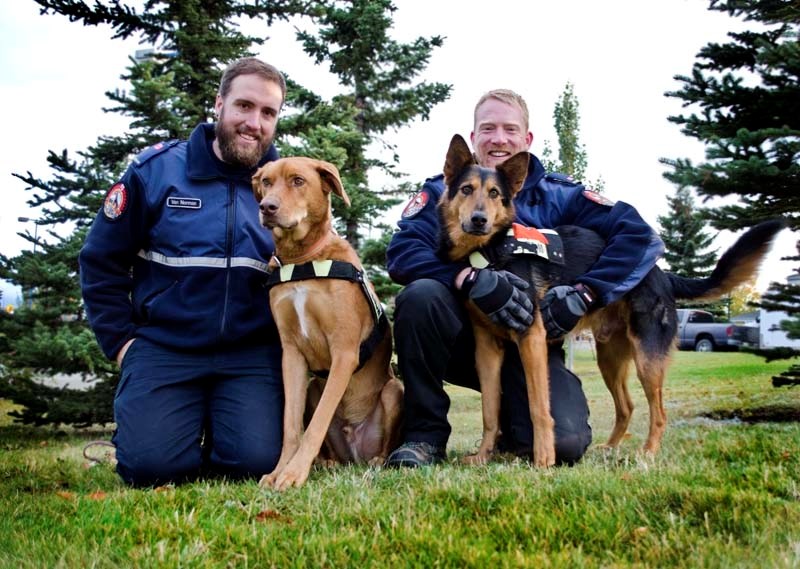 Cochrane Search Dog Association (CSDA) handlers Nathan Van Norman (left) and Andrew Potton (right) with their dogs Took, 3, and Harper, 4, take some time out of their busy