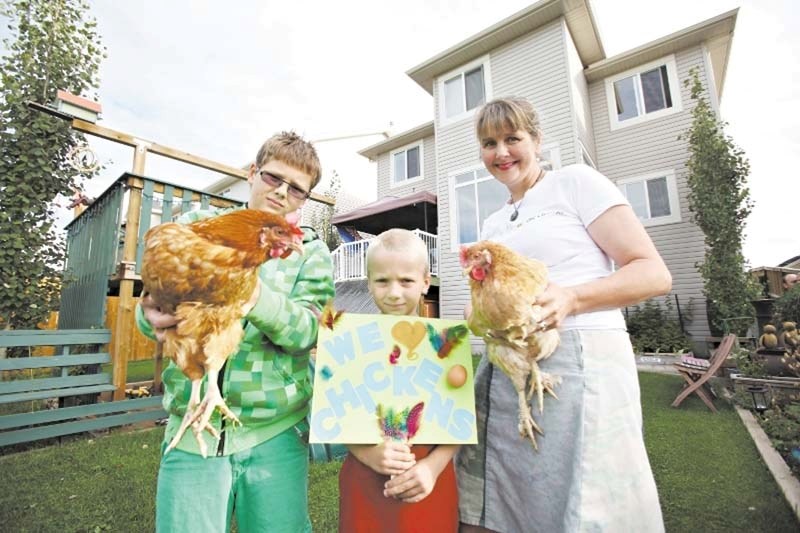Jenni Bailey, head of the Okotoks chapter of he Canadian Liberated Urban Chicken Klub (CLUCK) and her sons with the chickens they had to get rid of in 2013 due to a bylaw