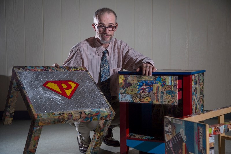 Artist Jay Sparrow cuts up as many as five comic books for every piece of furniture he creates.