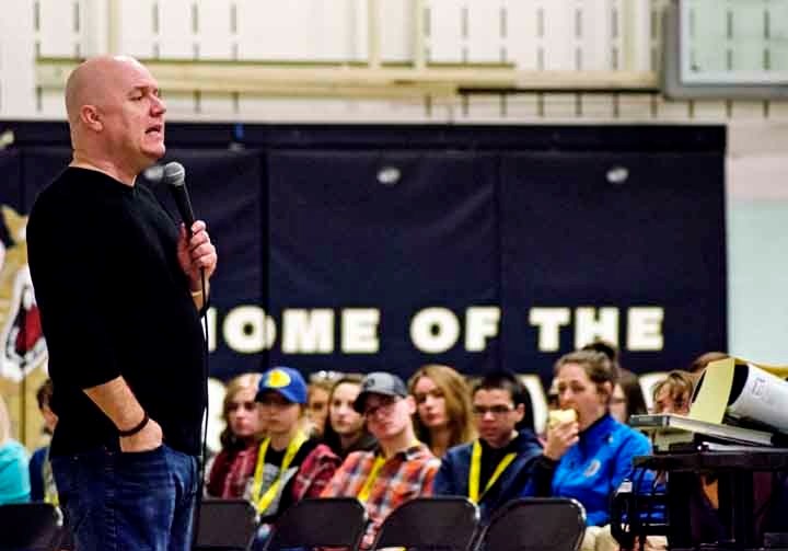 Keynote speaker Ian Tyson entertains High School students from across southern Alberta at the Horizon Leadership Conference hosted at Bow Valley High School on Nov. 22.
