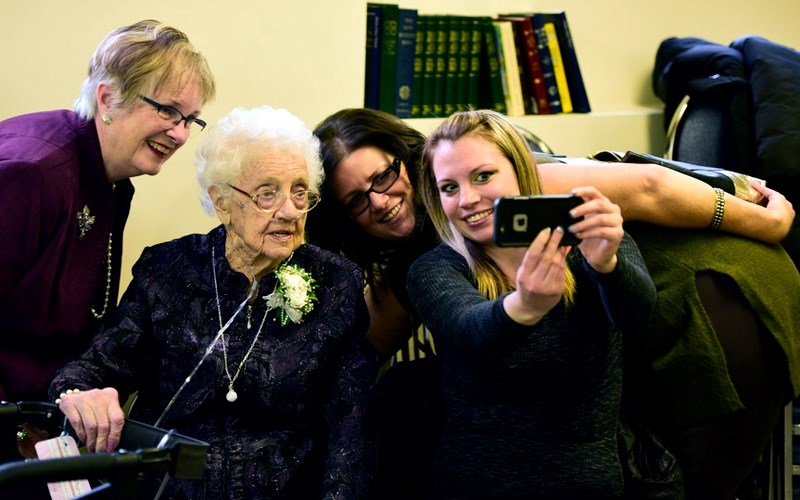 Left, Eileen Schmidt, Lulu Krell, Pam Desjardins and Amber Berscht on November 19. Five generations of family gathered in Cochrane to celebrate the 100th birthday of grandma