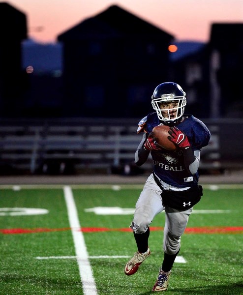 Rylen Waugh of the Bow Valley Bobcats practices at Legacy Field on Nov. 22. The high school senior football team will play in this weekend&#8217;s Alberta Schools Athletic