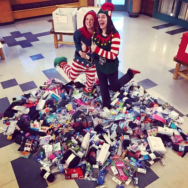 Banded Peak School in Bragg Creek donated 12 full boxes of socks and other necessities to the Mustard Seed in Calgary.