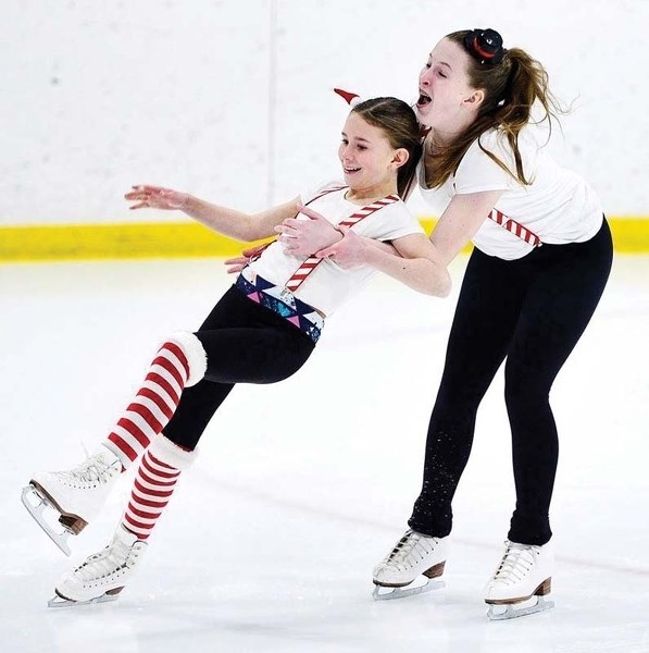 Taylor Kaarto (left) and Ainsley Prokopow do their routine during the Cochrane Skating Club&#8217;s latest showcase.
