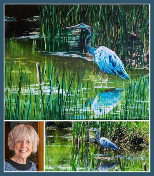 Cochrane artist Suzanne Lorinczi&#8217;s 16&#215;20 oil-on-canvas “;Wetlands Remembered”(top) was inspired by column&#8217;s photo of blue heron (bottom).