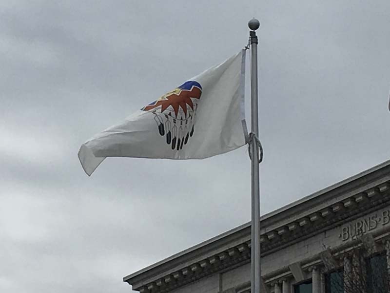 Chief Roy Fox speaks during a ceremony at Calgary City Hall to raise the Treaty 7 flag.