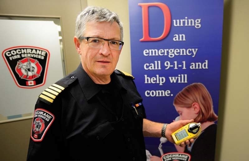 Cochrane Fire Chief David Humphrey shows a carbon monoxide detection device on April 14.
