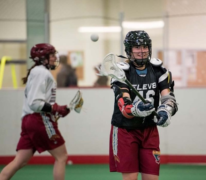 Annie Morrison of the Junior Ladies Silvertips lacrosse team practices at the Spray Lake Sawmills Family Sports Centre in Cochrane on Tuesday, April 25, 2017.