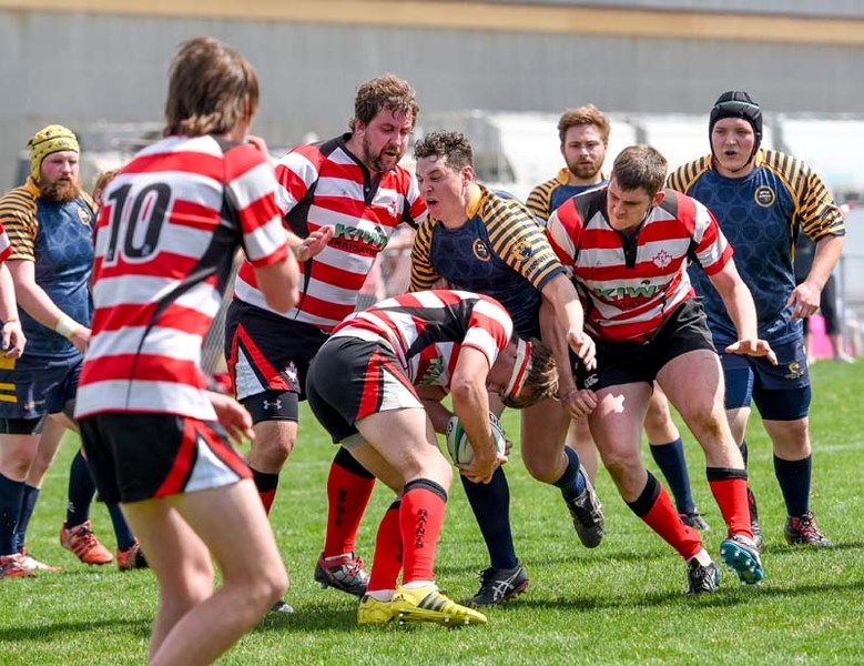 The Bow Valley Grizzlies Div 2 play the Calgary Saints in the first league game of the year in Calgary on Saturday, May 6, 2017. The Grizzlies dominated with a 70-10 win over 