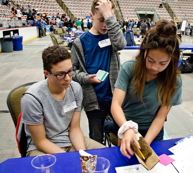 St. Timothy School students Damon Agyeman, 15, Brenek Spademan, 14, and Natasha Le, 15 work hard at their Runoff Rumble project for the Association of Professional Engineers