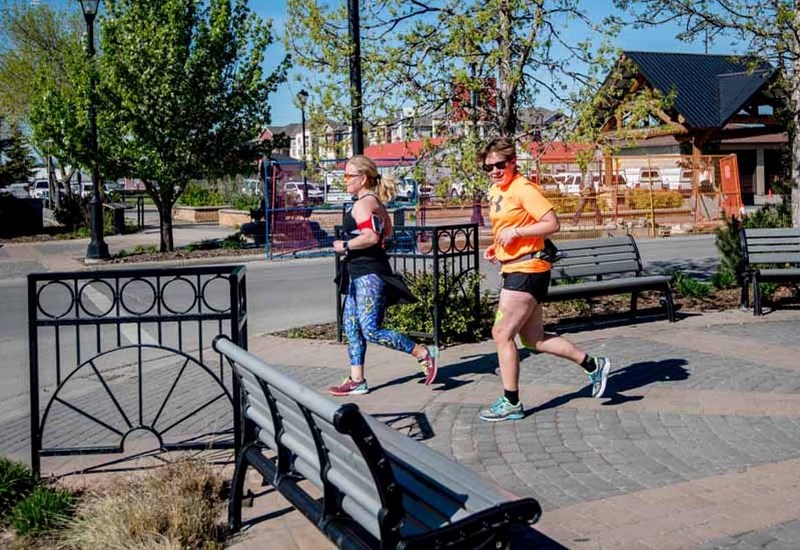 Meaghan Fisher, right, and Krista Jacobson-Smith finish their training run on May 27 in advance of the Footstock races this weekend.