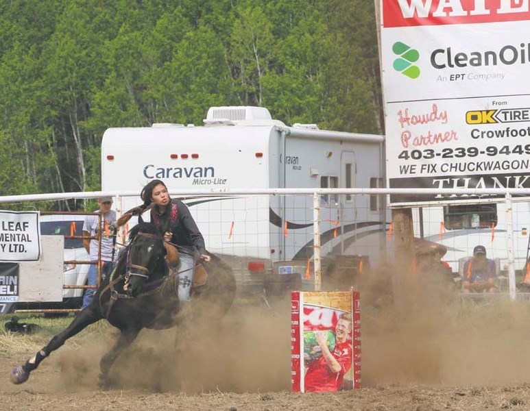Morley&#8217;s Jaycine Crawler rips around the arena during the Water Valley Stampede&#8217;s junior barrel racing event on June 4.