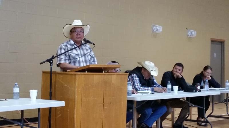 Chiniki Coun. Lional Wildman speaking at the recent community meeting held at the Bearspaw Youth Centre on June 19.