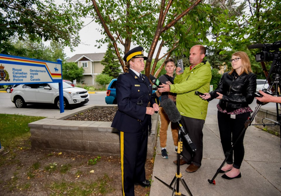 Insp. Lauren Weare gives a press conference announcing the RCMP have charged Bragg Creek man Stelianos Psaroudakis with fraud in Cochrane on Friday, July 21. Psaroudakis