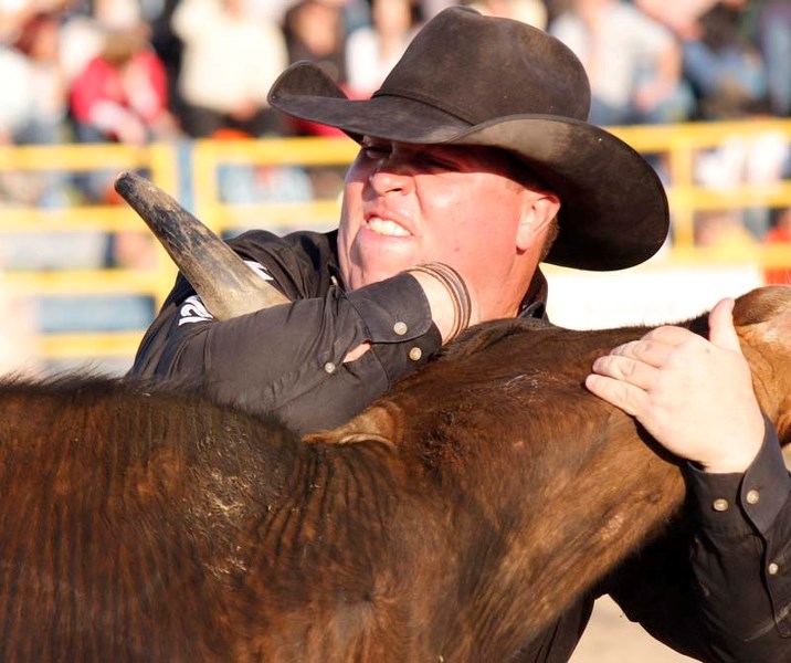 Straw Milan took down a steer in 2.9-seconds at the K-Days rodeo in Edmonton July 22.