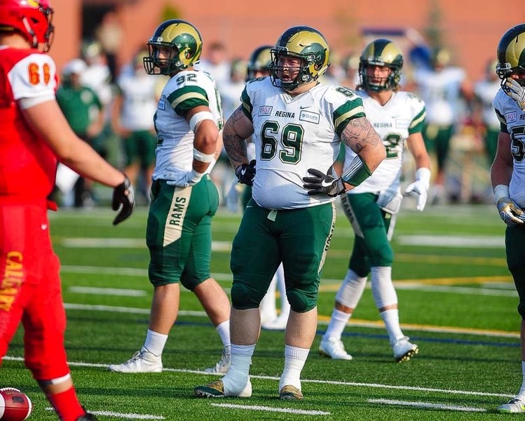 Regina Rams defensive tackle Bryce McKinnon was one of the several Cobras alumni to participate in the Dinos and Rams match up on Sept. 8.
