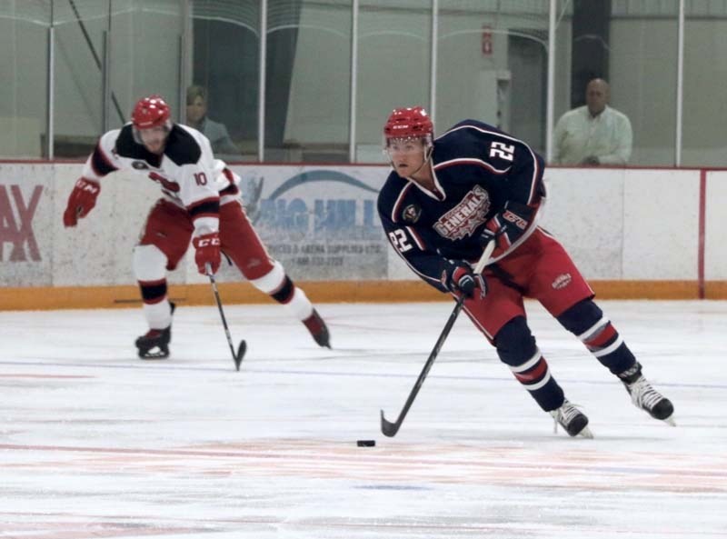 Generals&#8217; Braden Bain rushes with the puck during game action at Spray Lake Sawmills Family Sports Centre on Sept. 30