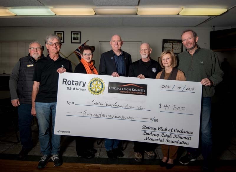 The Cochrane Rotary Club and Lindsay Leigh Kimmett Memorial Foundation present Cochrane Search and Rescue with $41,700 at the Cochrane Legion on Tuesday, Oct. 10, 2017. The