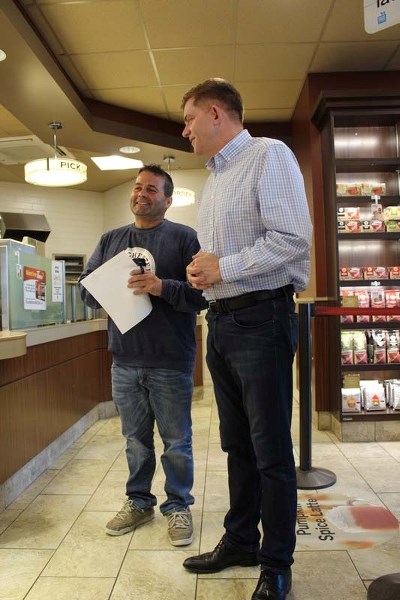 Brian Jean meets with supporters at the West Valley Tim Hortons to promote registration to vote in leadership race.