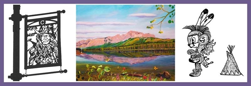 Three Stoney Nakoda names are highlighted in the above art: left, TatÂga MÂnî on Cochrane&#8217;s metal lamppost banners; centre, ITALICS]îyÂ Mnathka in a painting by Morley