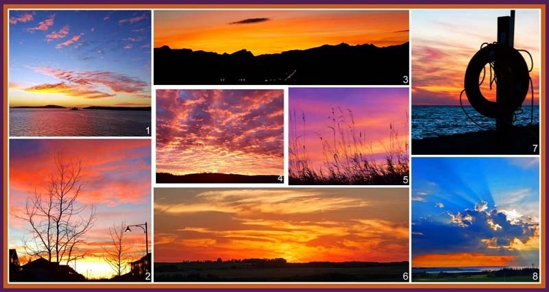 Sunrise and sunset across Canada. Photos (1) sunrise, Salt Spring Island, BC by Joanna Bernhardt; (2) sunset, Ft. Langley, BC by Kristen Harbeck; (3) mountain sunset, south