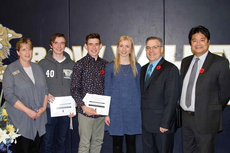 Blaze Award recipients for grade 9, 10, and 11 from the 2016-2017 school year. Trustee Ward 5 Cochrane Fiona Gilbert (left), Matthew Kelly (10), Ryley Paffrath (9), Sonja