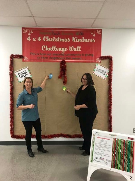 The Helping Hands Society of Cochrane and Area&#8217;s Christmas Kindness Challenge wall is up at Spray Lake Sawmills Familiy Sports Centre.