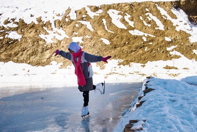Sahar, 10, who lives in Bamyan, Afghanistan, tries skating for the first time.