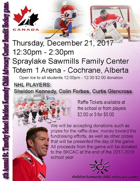 St. Timothy High School will be hosting their fourth annual charity hockey game in support of the Sheldon Kennedy Child Advocacy Centre.