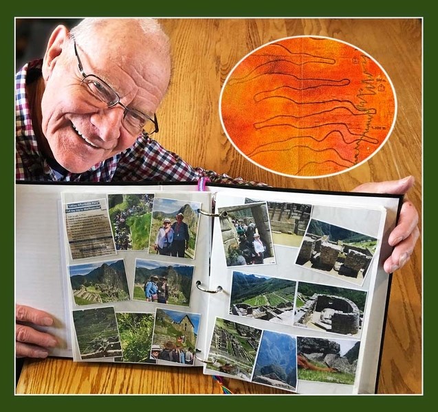 Walter Born memorialized his 80th birthday trip to Machu Picchu in album of his photos. Inset: final ascent by tour bus snakes up 13 hairpin switchbacks.
