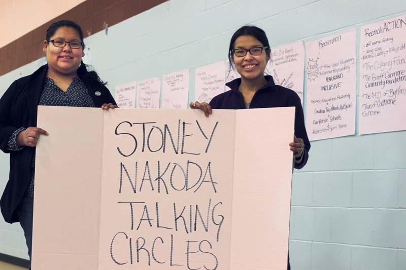 Cousins Chelsi Snow (left) and Tasina Pope hosted the second Talking Circles March 28. The initiative is hoped to create conversation between the three Stoney Nakoda bands.