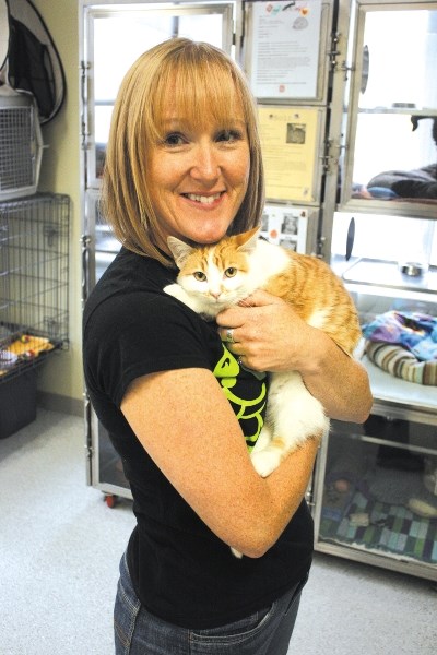 Cochrane and Area Humane Society spokesperson, Cheryl Wallach, cuddles with four-month-old Xander, who is looking for the home of a lifetime.