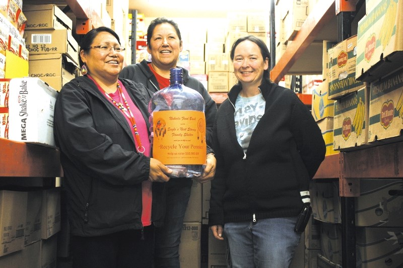 From left: Adele Rabbitt and Belinda Simeon of the Nakoda Food Bank are joining forces with Nora Lee Rear of the Eagle&#8217;s Nest Family Shelter, hoping to raise $10,000