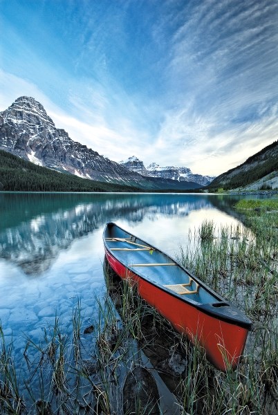Canoe and Mount Chephren, Lower Waterfowl Lake, Banff National Park.