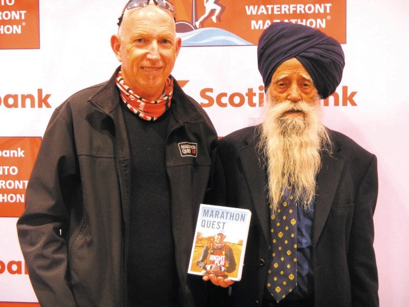 Martin meets with Fauja Singh, who ran a marathon last year at age 100.
