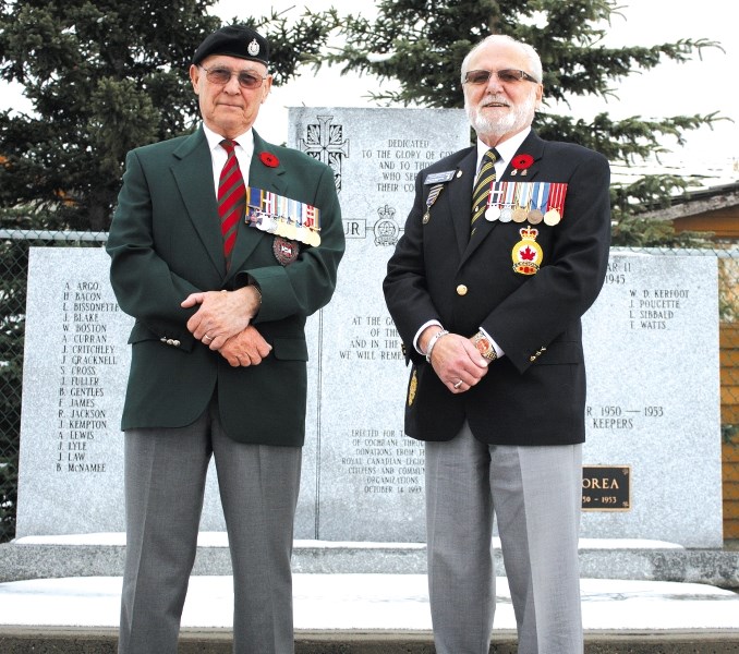 Top: Retired Chief Warrant Officers of the Lord Strathcona&#8217;s Horse (Royal Canadians), Earl Kady (left) and Michael Baranosky, both see Remembrance Day as a time to pay