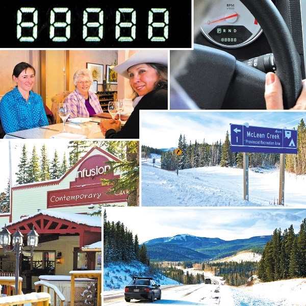 Clockwise from upper left: Our odometer turned to 88888 at the McLean Creek turnoff from Highway 66 in Kananaskis Country. That kilometre concluded in this mountain vista