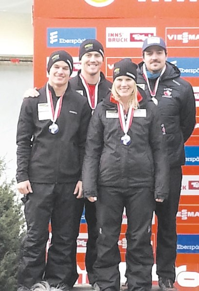 Canadian Luge team members (from left) Justin Snith, Tristan Walker, Alex Gough and Sam Edney earned silver in the World Cup luge team relay event Nov. 25 at Igls, Austria. A 