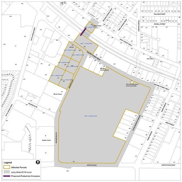 The shaded area represents the 25.3 hectare section of the Quarry site and to the northwest, which will be the focus of Community Revitalization Levy projects, making use of